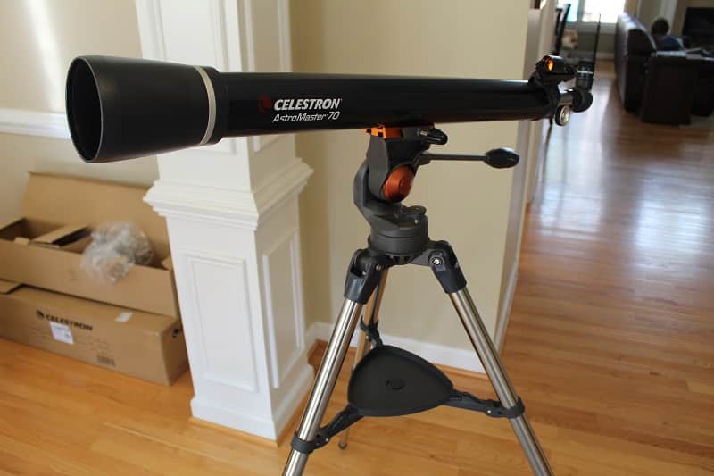 Celestron AstroMaster 70AZ Telescope on tripod - side view