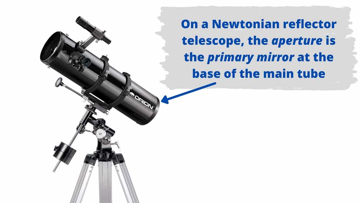 On a Newtonian reflector telescope, the aperture is the primary mirror at the base of the main optical tube