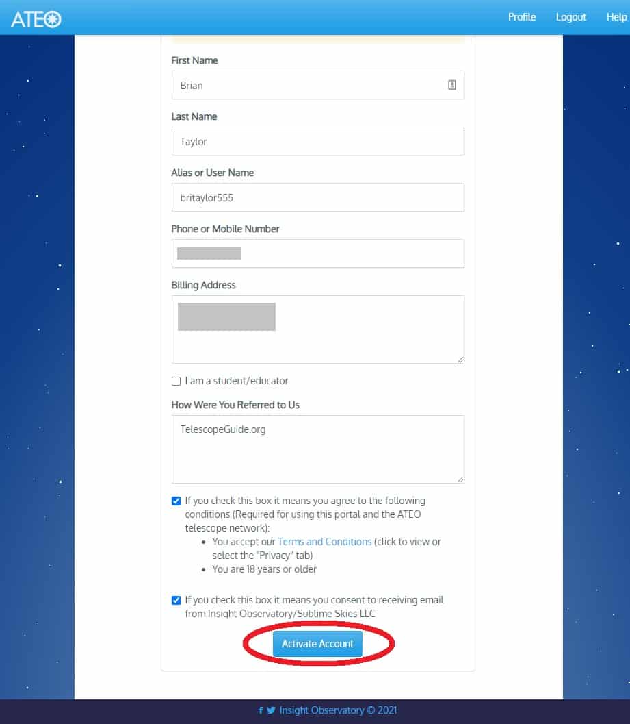 Insight Observatory ATEO Portal - activate account